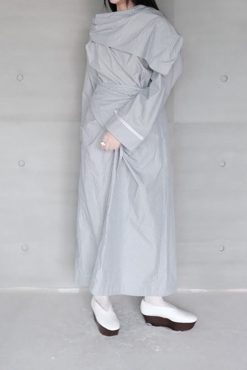 藍棉麻條紋領襟洋裝 - 洋裝/連身裙 - 其他材質 