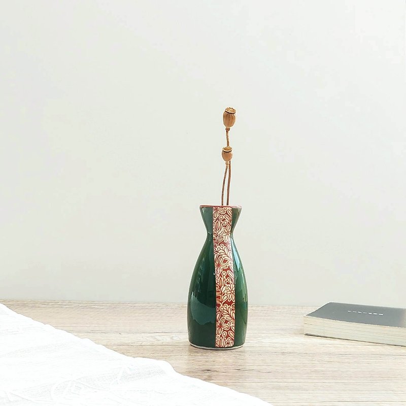 日製小花器 | 紋印系列 | 赤花綠地 - 花瓶/花器 - 陶 綠色
