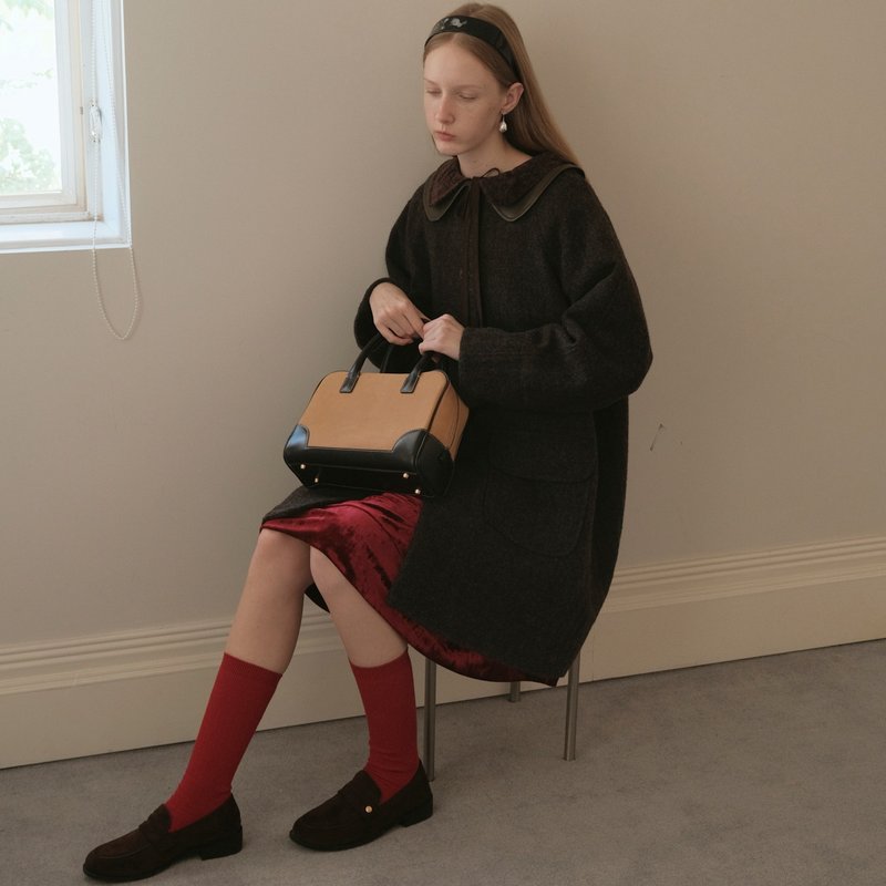 MintCheese 王牌大小姐 黑巧花棕 A字擺可拆皮領羊毛大衣 - 女裝外套/大衣 - 羊毛 咖啡色