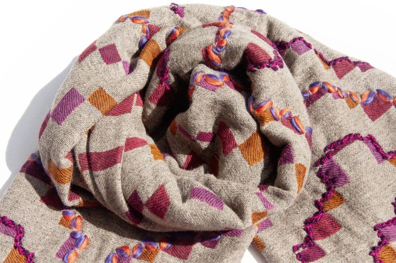 喀什米爾Cashmere/水煮羊毛披肩/針織圍巾/刺繡圍巾/羊絨披巾-粉 - 圍巾/披肩 - 羊毛 多色