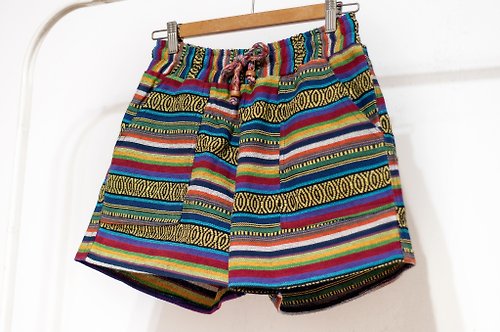 omhandmade 女裝民族風針織短褲 拼接棉質針織短褲-南美洲熱帶森林彩虹對比色