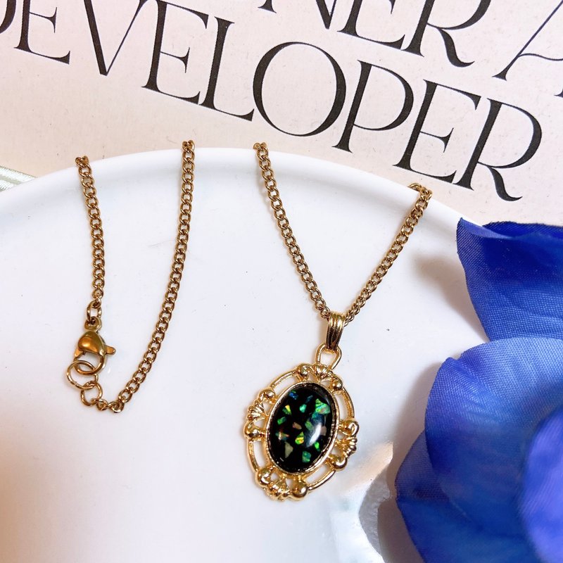 【西洋古董飾品】 天然歐泊石 Opal 巴洛克紋理 蛋白石彩火 項鍊 - 項鍊 - 貴金屬 多色