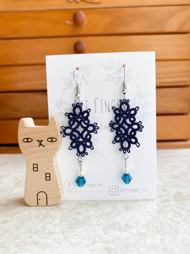 Delicate blue long woven earrings Tatting earrings ear pin ear hook earrings woven ceremony - ต่างหู - งานปัก สีน้ำเงิน