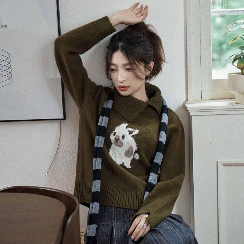 Rabbit jacquard slope-neck sweater | Knitted sweater | Two colors | Autumn and winter | Sora-1654 - Women's Sweaters - Wool Multicolor