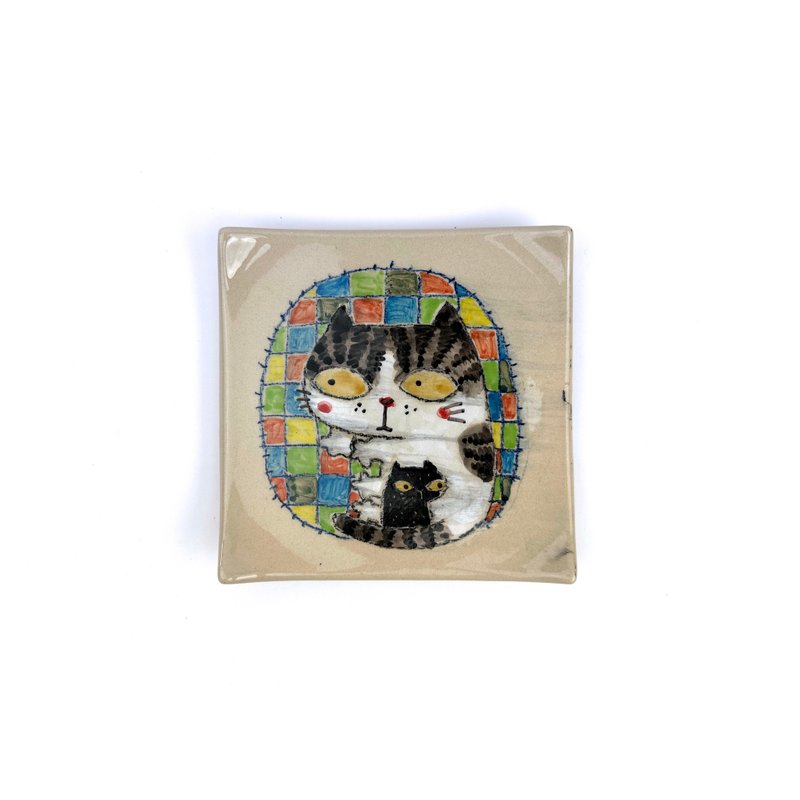 Nice Little Clay Square Plate Cute Cat 0302-65 - Plates & Trays - Pottery White