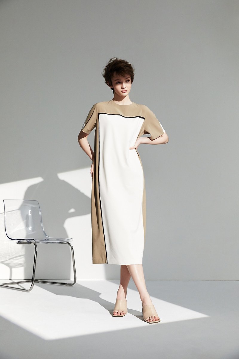 寬鬆幾何剪裁短袖長洋裝 - 洋裝/連身裙 - 聚酯纖維 白色