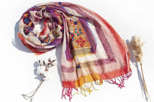 omhandmade Pashmina刺繡羊毛披肩/針織圍巾/刺繡圍巾/羊絨披巾/喀什米爾Cashmere 圍巾羊毛 毛線圍巾克什米爾圍巾-花