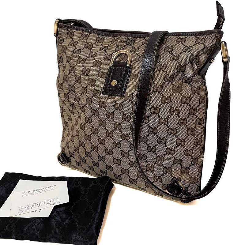 GUCCI グッチ ショルダーバッグ GG キャンバス レザー ベージュ ブラウン 131326 - 側背包/斜背包 - 棉．麻 卡其色
