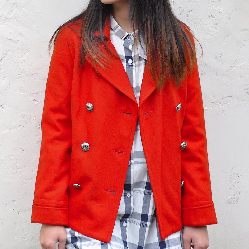 Double breasted Peacoat with Large Sharp Lapels hip Length Short -Bright Red - Women's Casual & Functional Jackets - Cotton & Hemp Red