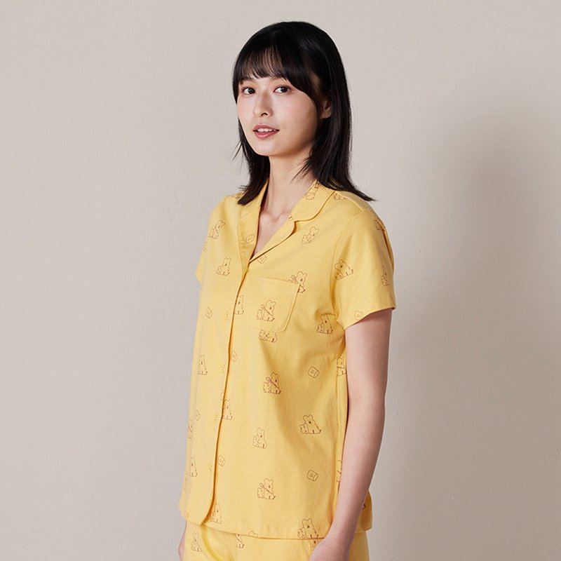 DINOTAENG | QUOKKA & BOBO 印花短袖開襟上衣-盛夏黃 - 女 T 恤 - 棉．麻 黃色