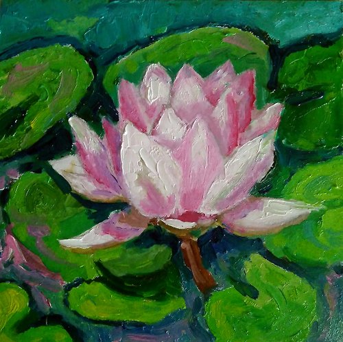 ColoredCatsArt Lotus Flower Oil Painting, Water Lily Artwork, Small Floral Wall Art, Flower Art
