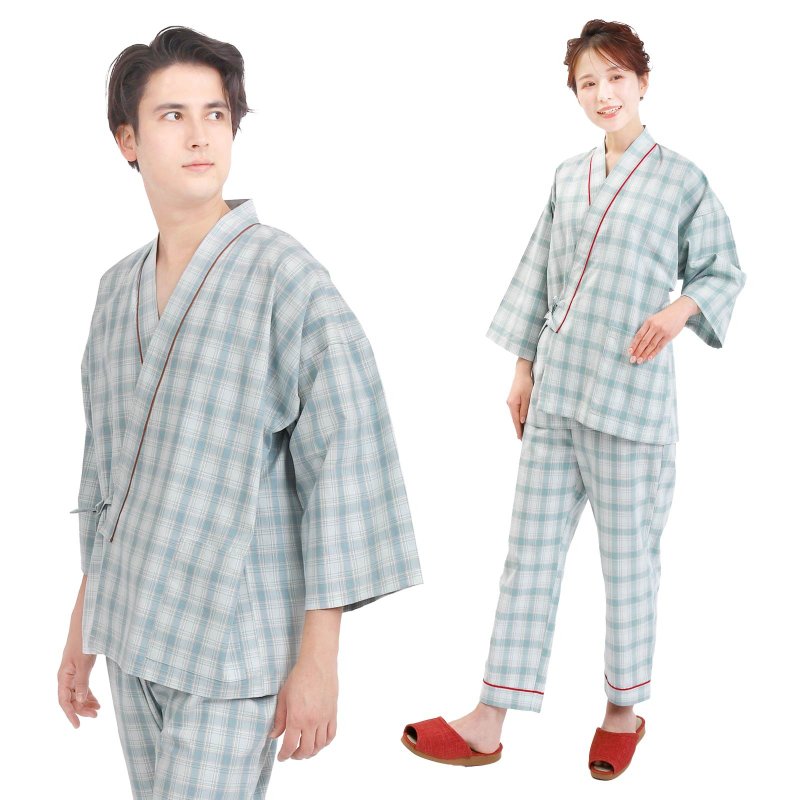 日本 和服 格子 作務衣 日式 休閒 室內服 睡衣 男女通用 浅葱色 - 帽T/大學T - 棉．麻 藍色