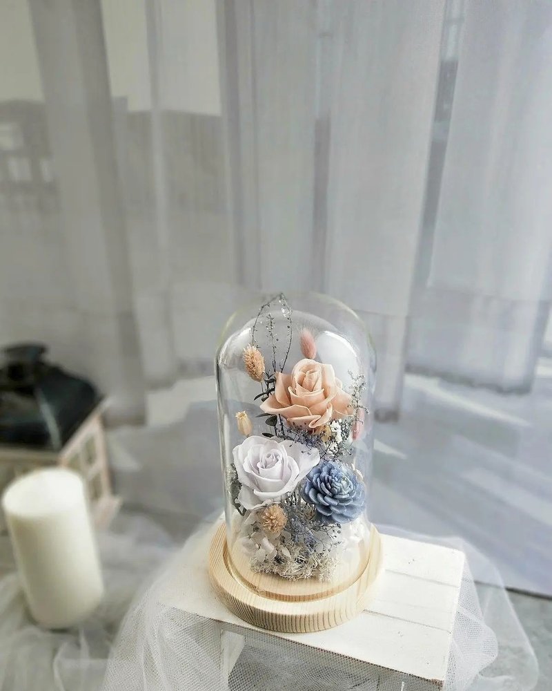 畢業禮物-莫蘭迪粉藍 永生花盅 玻璃罩畢業 老師禮物 - 乾燥花/永生花 - 植物．花 粉紅色