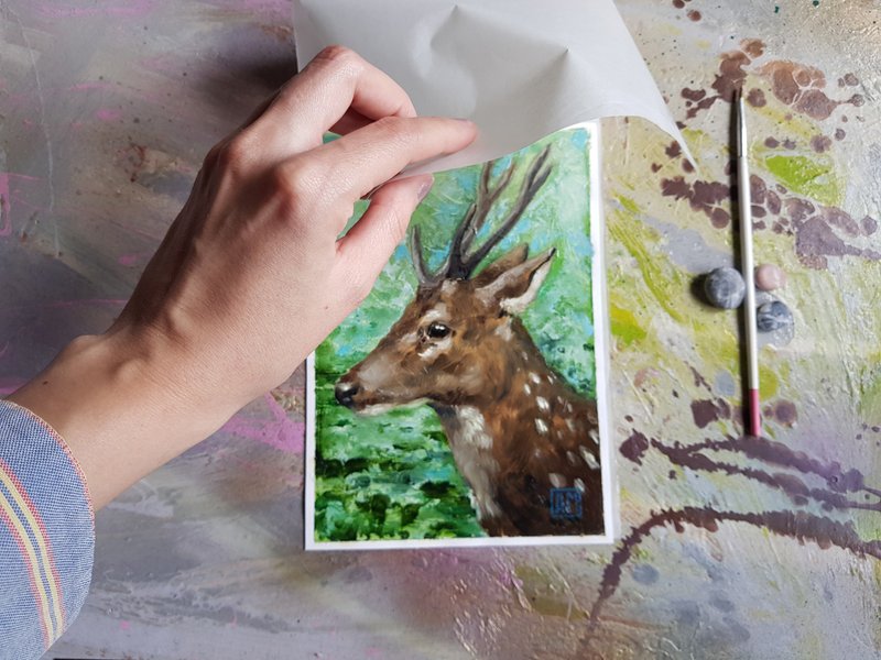 Small original animal - Deer portrait artwork hand painted oil painting - 壁貼/牆壁裝飾 - 其他材質 