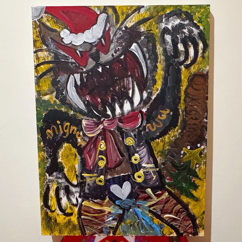 There is a piece of paper - rebellious Christmas cat - Acrylic paint painting - โปสเตอร์ - ผ้าฝ้าย/ผ้าลินิน หลากหลายสี