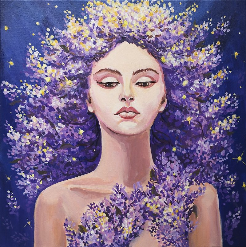 Lilac Painting with flowers Spring image of lilac acrylic on canvas original art - ตกแต่งผนัง - วัสดุอื่นๆ สีน้ำเงิน
