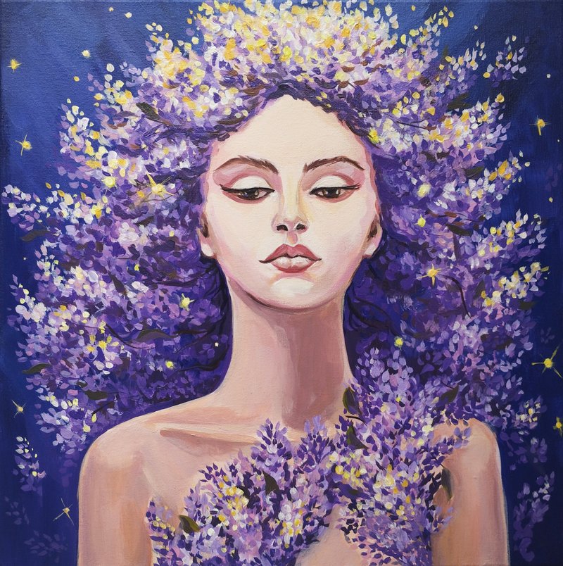 Lilac Painting with flowers Spring image of lilac acrylic on canvas original art - 壁貼/牆壁裝飾 - 其他材質 藍色
