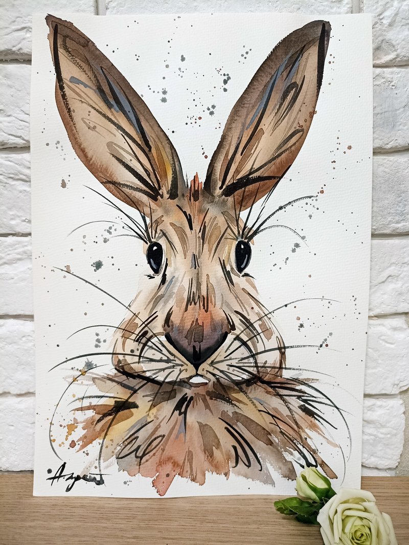 Hare Watercolor original rabbit room decor animal painting art by Anne Gorywine - 壁貼/牆壁裝飾 - 紙 銀色