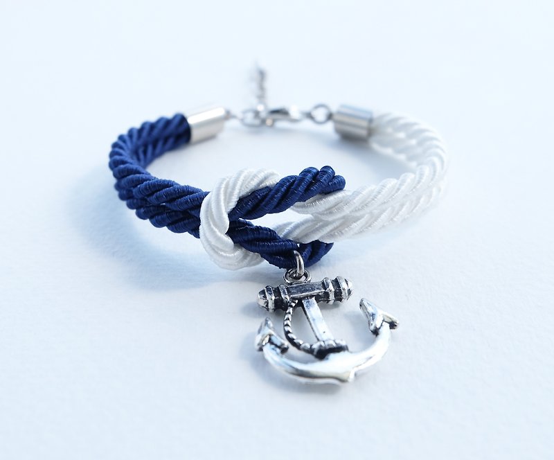Navy/White knot rope bracelet with anchor charm - 手鍊/手鐲 - 其他材質 藍色