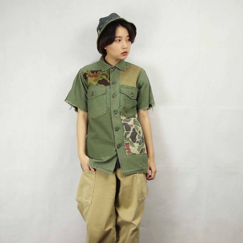 Tsubasa.Y Ancient House 003 Re-splicing Army Lining, Splicing Army Green Army Shirt - Women's Tops - Polyester 