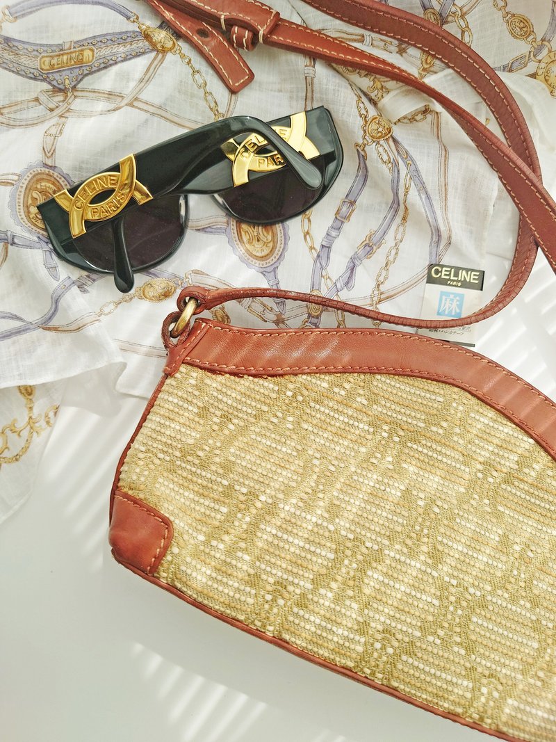 中古包 CELINE 凱旋門藤包草編包編織包單肩包斜揹包斜挎包側揹包 - 側背包/斜背包 - 植物．花 卡其色