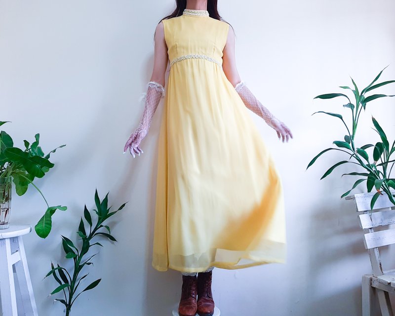 Vintage 1960s Bright Yellow Maxi Dress Yellow Chiffon Evening Gown Dress Size S - One Piece Dresses - Polyester Yellow