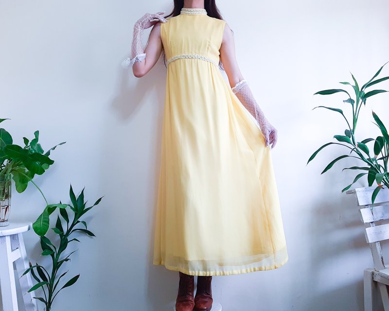 復古 1960 年代亮黃色長裙黃色雪紡晚禮服連身裙 S 碼 - 洋裝/連身裙 - 聚酯纖維 黃色
