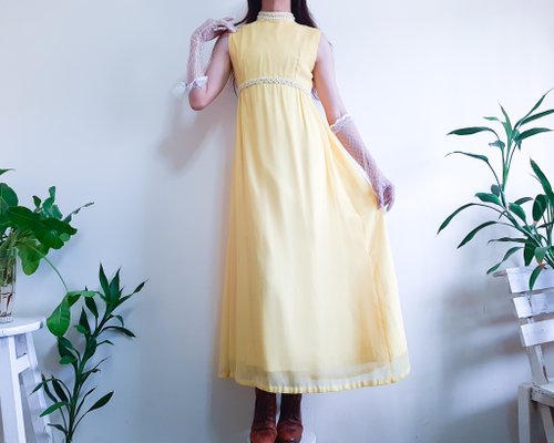 ISSARA ART GALLERY 復古 1960 年代亮黃色長裙黃色雪紡晚禮服連身裙 S 碼