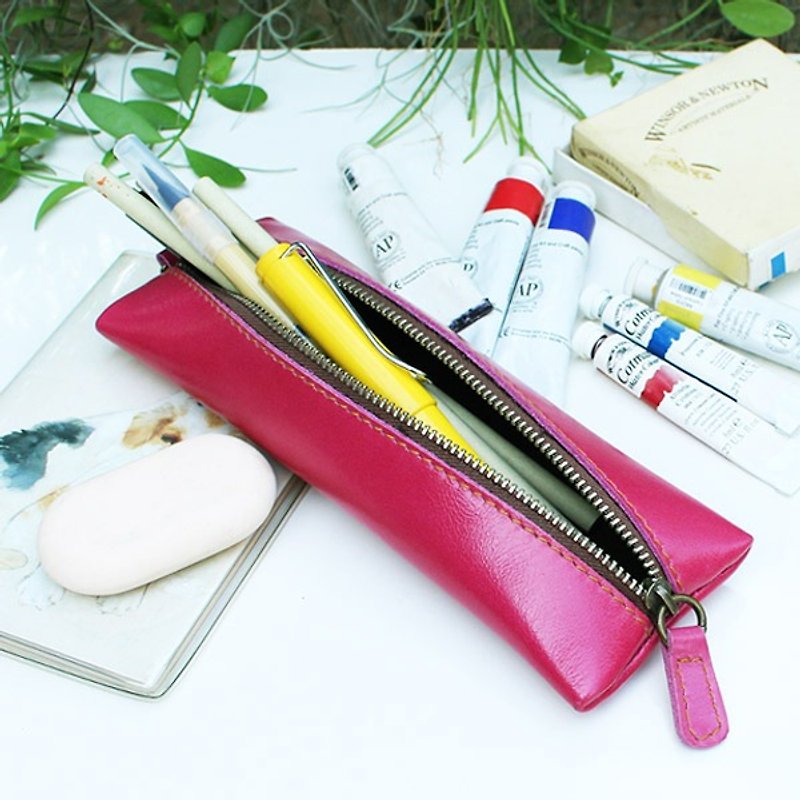 Leather Pencil case - Flat - Hot Pink (Genuine Cow Leather) / Pen case / Accessories Case - 鉛筆盒/筆袋 - 真皮 