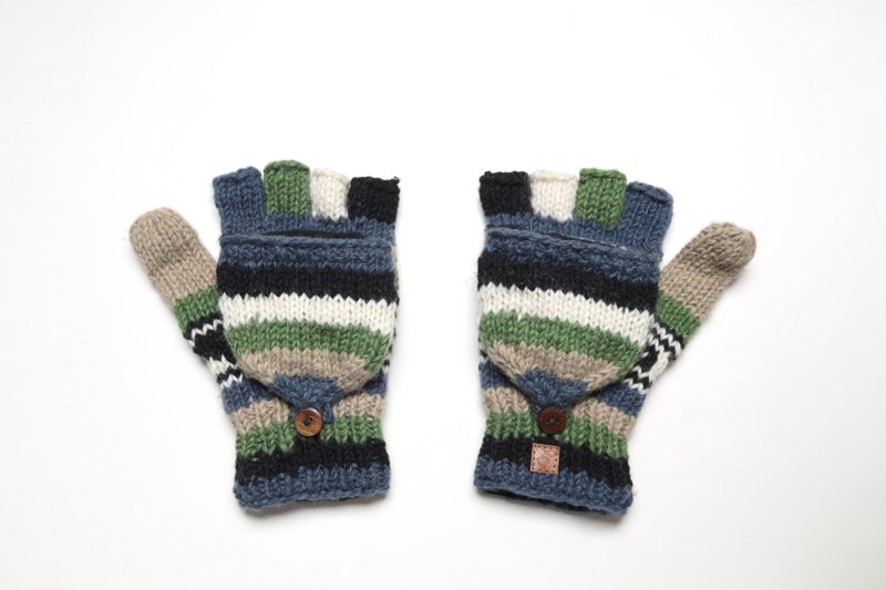 Teal Khaki striped flip-up gloves with ethnic totem colors, pure wool thread, hand-woven polar fleece, fully lined - Gloves & Mittens - Wool Multicolor