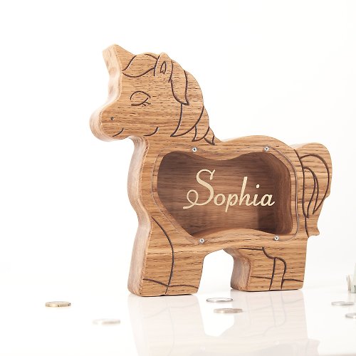 DejavuWoodKids Wooden Unicorn piggy bank Customized gift girl coin bank wooden animal Christmas