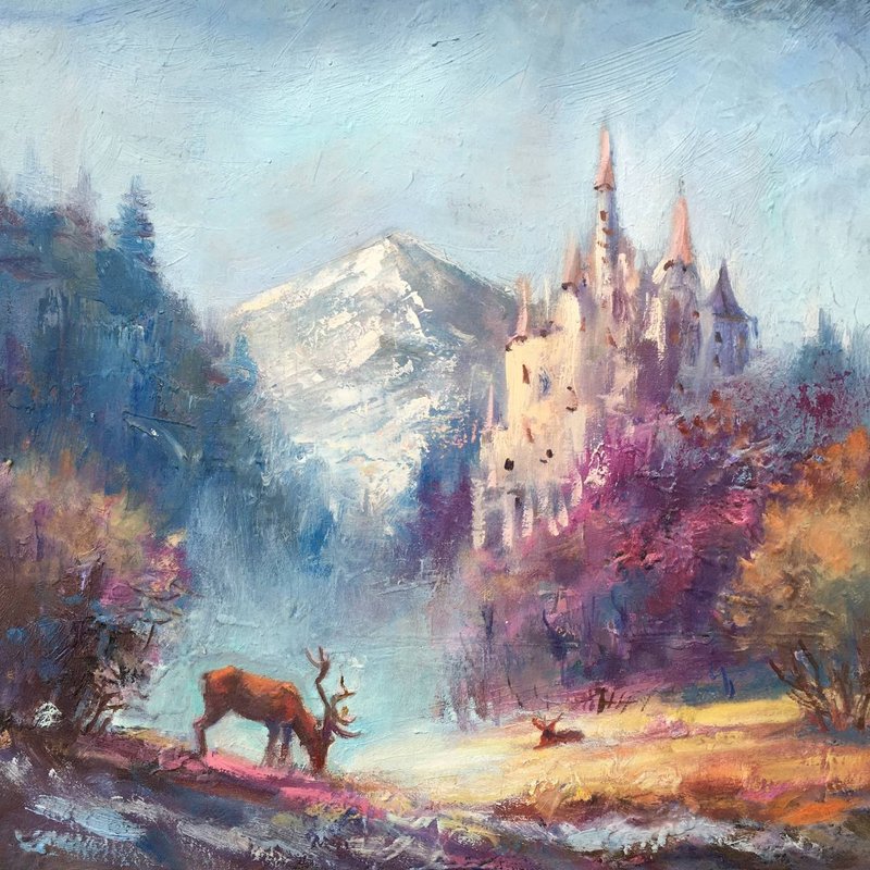 Landscape Painting deer castle fairy tale original art Woodland Art Fairycore - 壁貼/牆壁裝飾 - 其他材質 藍色