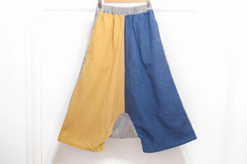 Hand-woven wide pants / contrast color block wide pants / ethnic pants - blue dyed watercolor cotton and linen squirrel pants - กางเกงขายาว - ผ้าฝ้าย/ผ้าลินิน หลากหลายสี