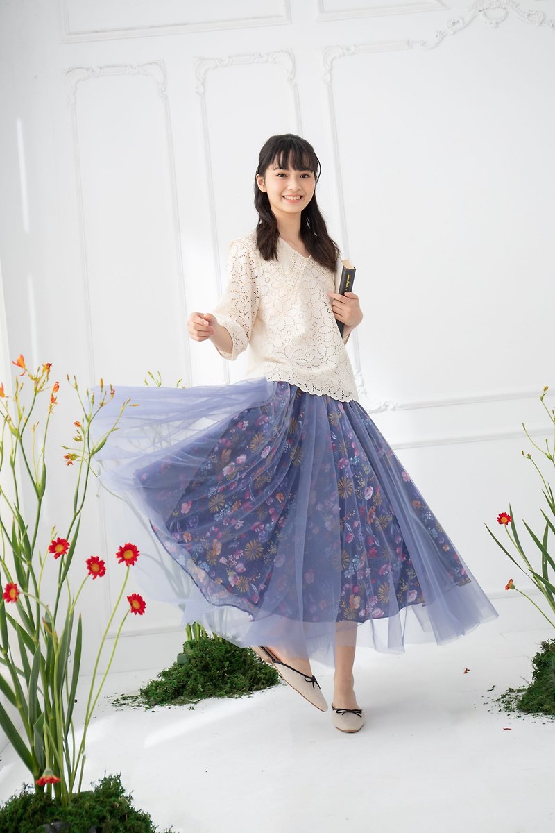 [Poly Printing] Double-layer printed waterfall gauze skirt long skirt two-wear dress glass blue - Skirts - Other Materials Blue