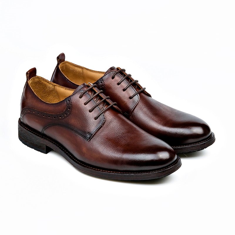 Handmade leather sole retro imitation old plain men's leather shoes coffee color - Men's Leather Shoes - Genuine Leather 