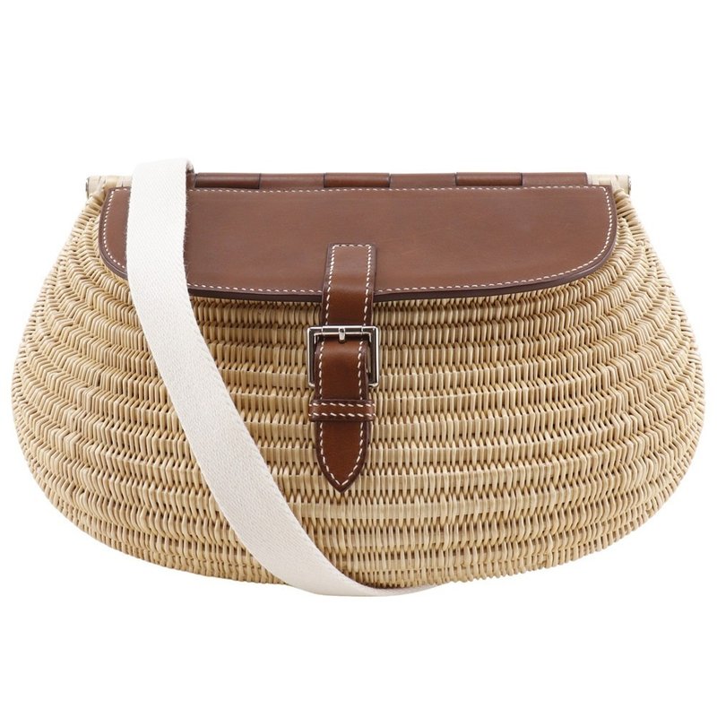 【日本直送】エルメス HERMES フィッシングバスケット ショルダーバッグ カゴバッグ レザー×ウィロー(柳) 茶 レディース【中古】 - 側背包/斜背包 - 真皮 咖啡色