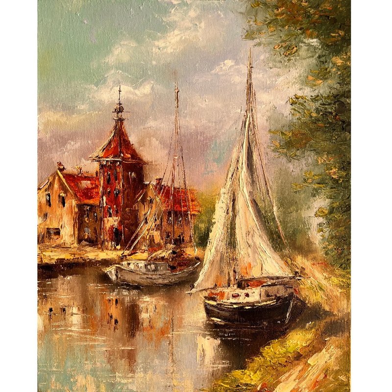 Old Sailboat Painting Landscape Art Original Painting 50x40 cm/ 20x16 inch - 海報/掛畫/掛布 - 棉．麻 多色