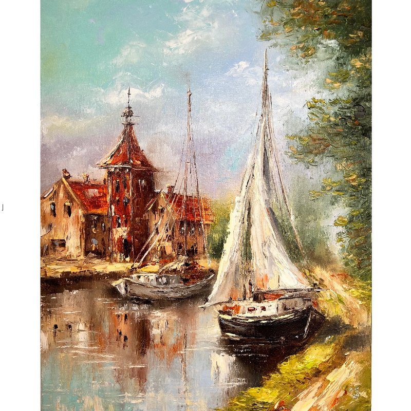 Old Sailboat Painting Landscape Art Original Painting 50x40 cm/ 20x16 inch - โปสเตอร์ - ผ้าฝ้าย/ผ้าลินิน หลากหลายสี