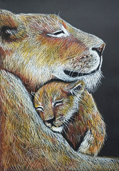 Nadinart Mother's Love Lioness and Cub Oil Pastel Portrait Art animal