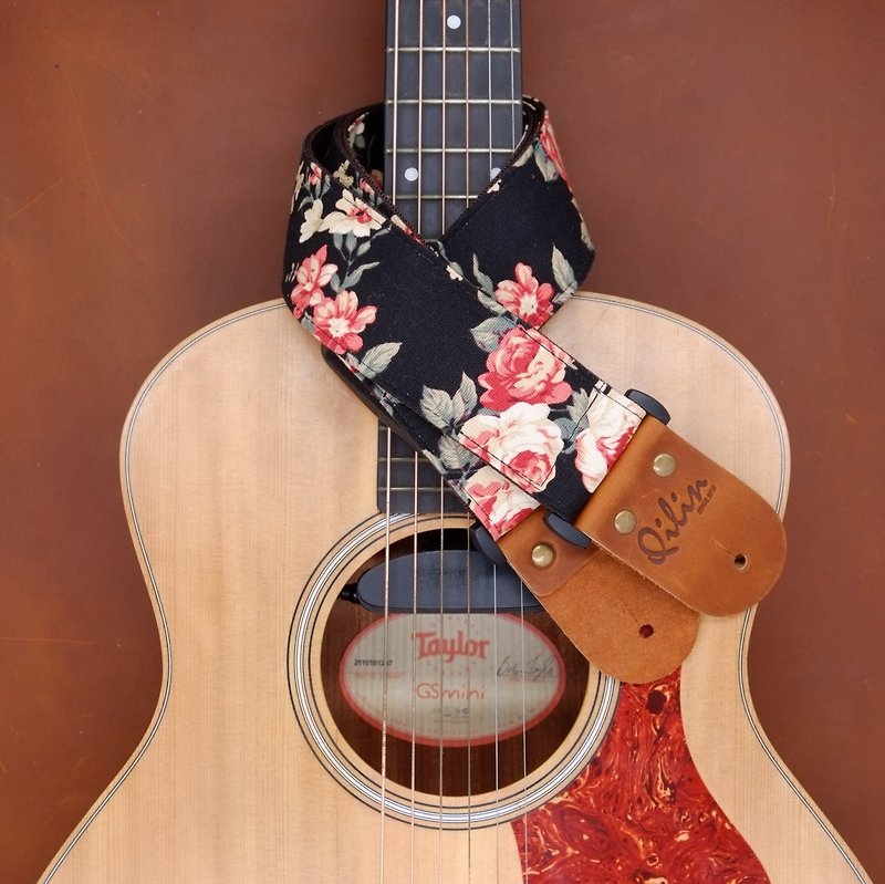 Black Fabric Flower Guitar Strap - Guitars & Music Instruments - Genuine Leather Black