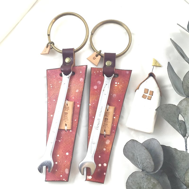 A pair of wrench | leather keychains - Good day! - Red color - Keychains - Genuine Leather Red