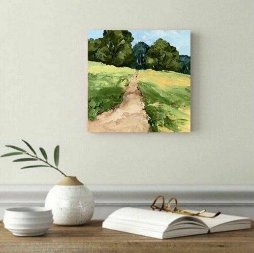 オリジナルの緑の風景の木の絵画道路の風景油絵インパストアート