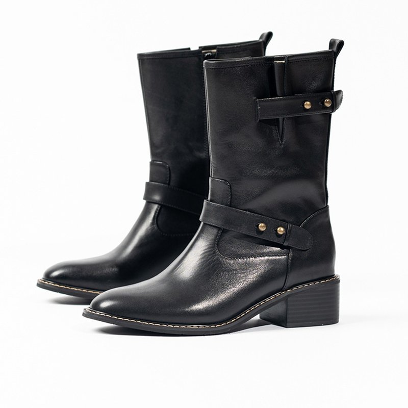 Lewis Walt British style black leather low-heeled motorcycle boots put on round toe mid-calf boots for women - รองเท้าบูทสั้นผู้หญิง - หนังแท้ สีดำ