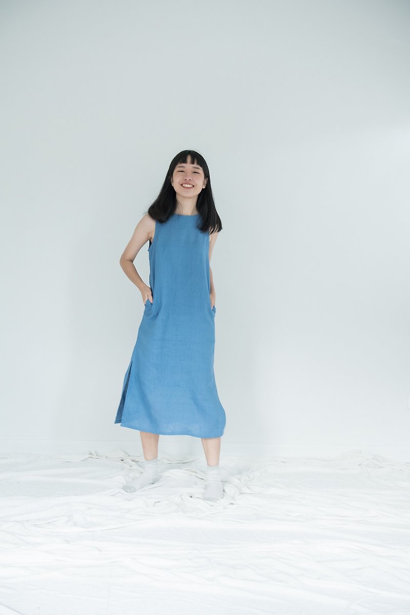 True Blue Big Bow Linen Dress - 洋裝/連身裙 - 亞麻 藍色