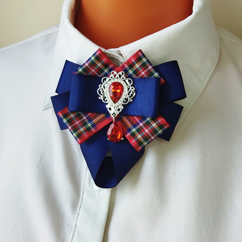 Neck bow for women. Blue red collar bow brooch. Plaid bow tie pin with crystal. - Brooches - Polyester Blue