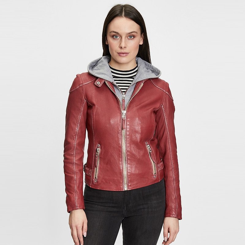 Refurbished[German GIPSY] GWFinja single-button contrasting antique stand-collar sheepskin jacket with hood TS code - Women's Casual & Functional Jackets - Genuine Leather Red