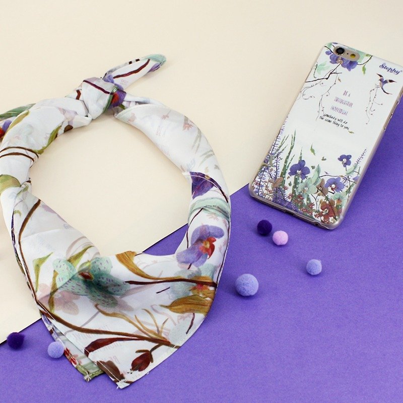 [Customized New Year Gift] Silk scarf mobile phone shell elegant orchid set S-SET043-FH - ผ้าพันคอ - ผ้าไหม 