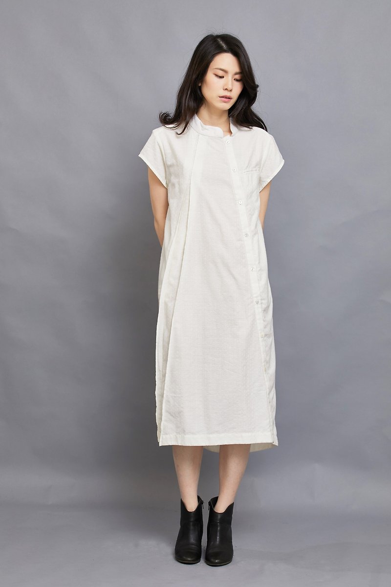 Bamboo Forest Short Sleeve Shirt Dress_Pearl Diamond_Fair Trade - ชุดเดรส - ผ้าฝ้าย/ผ้าลินิน ขาว