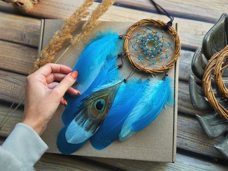 OOAK turquoise blue dream catcher | Small beaded with natural peacock feather - 壁貼/牆壁裝飾 - 繡線 黑色