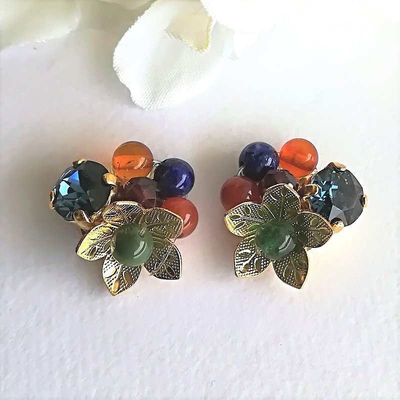 Agate Flower Earrings - ต่างหู - โลหะ สีน้ำเงิน